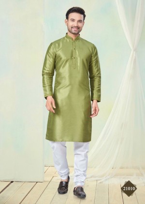 Pure Silk Cotton Green Kurta With Pajama